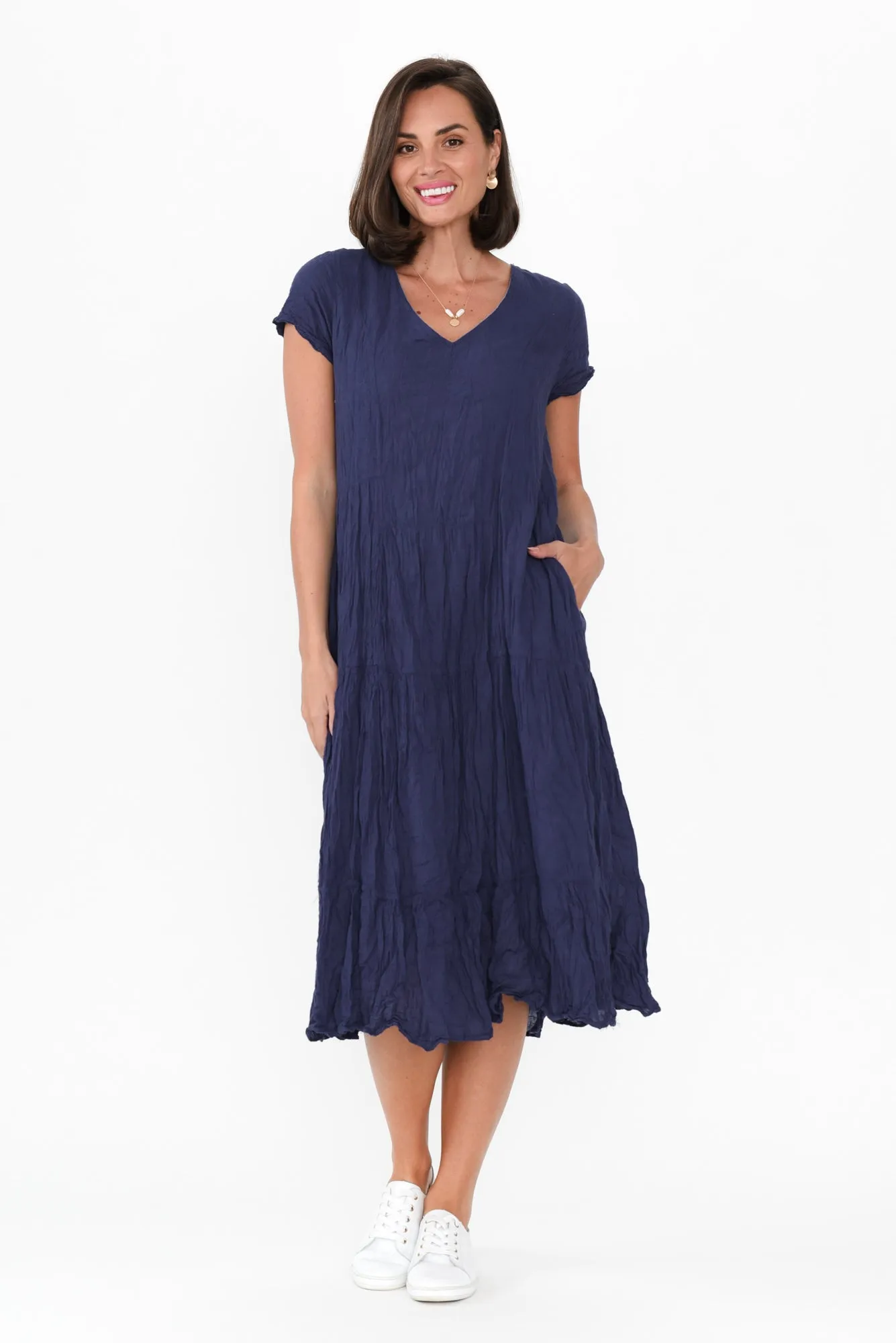 Carmen Navy Crinkle Cotton Dress