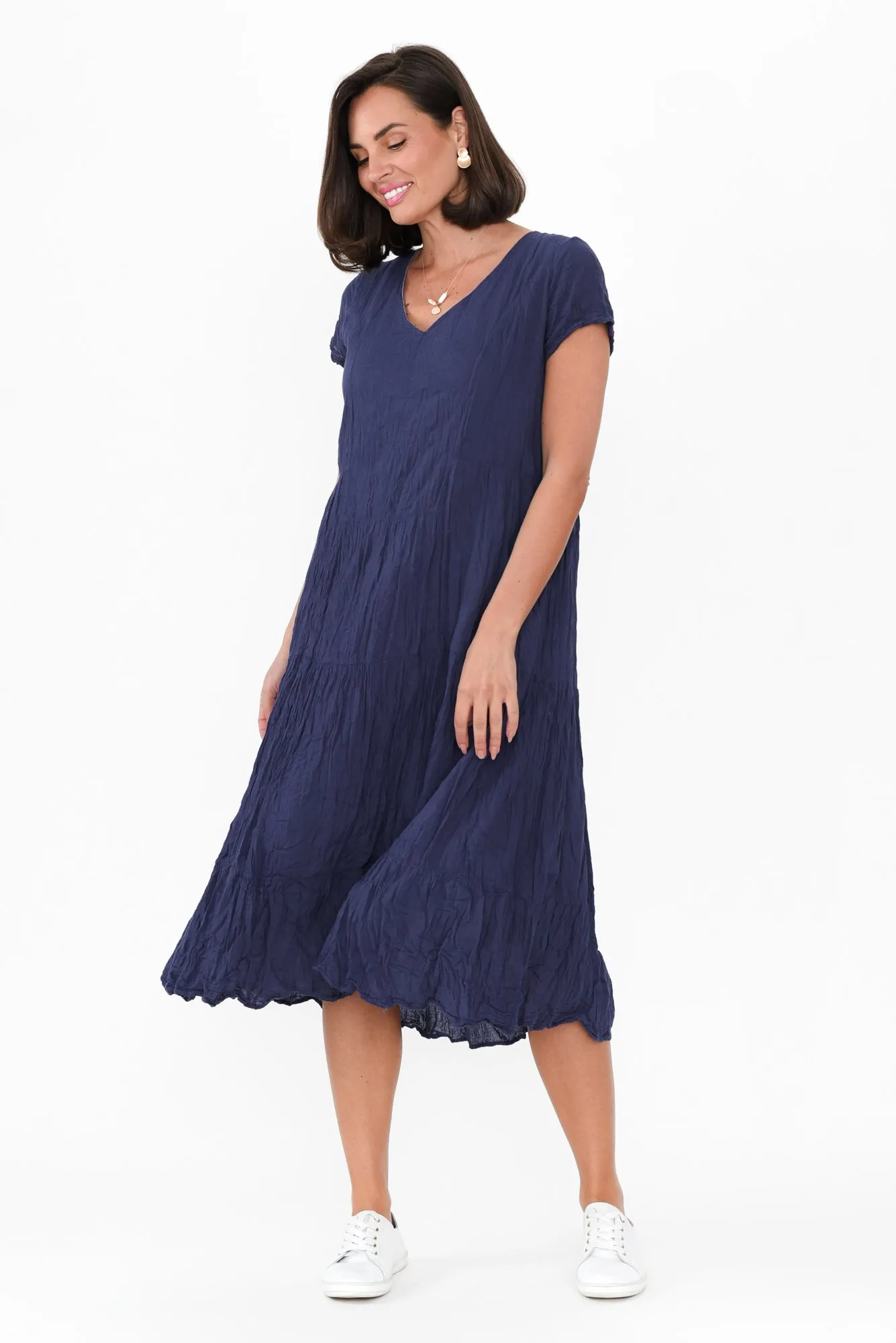 Carmen Navy Crinkle Cotton Dress