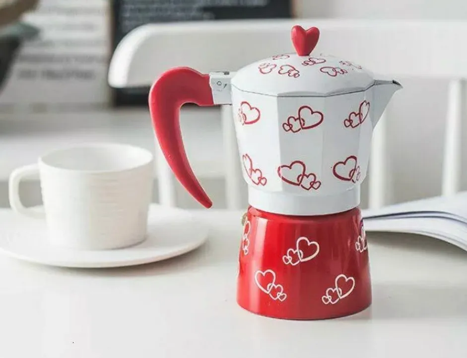 Coffee Espresso Maker 3 Cup Red Hearts Stove Top