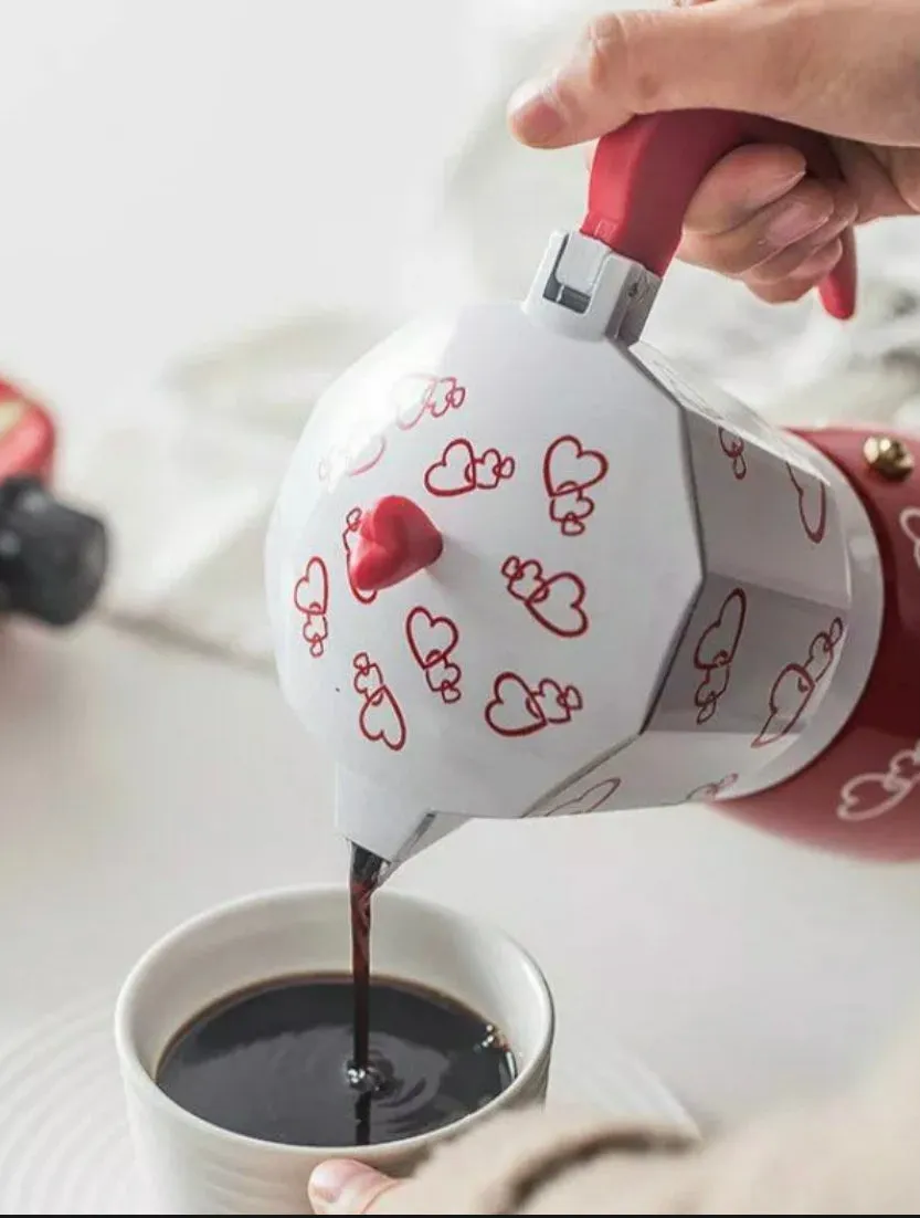 Coffee Espresso Maker 3 Cup Red Hearts Stove Top