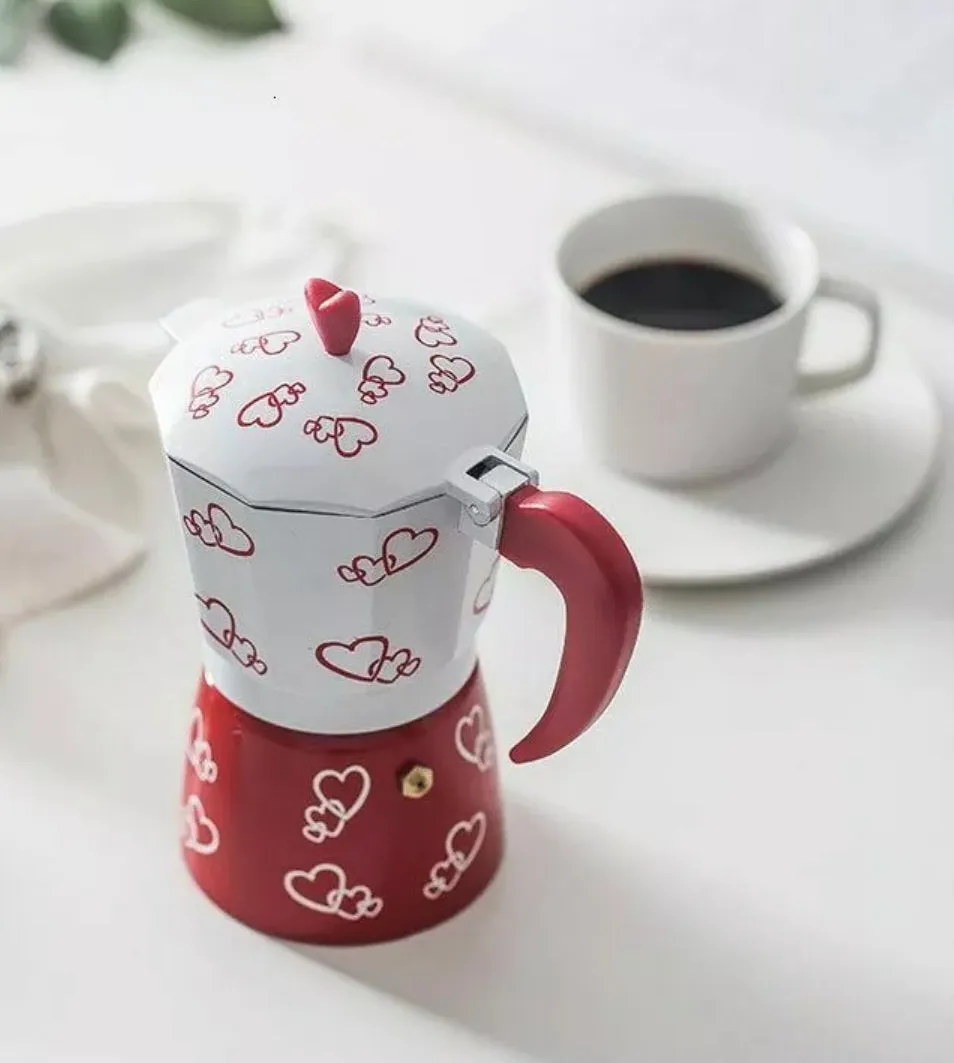 Coffee Espresso Maker 3 Cup Red Hearts Stove Top