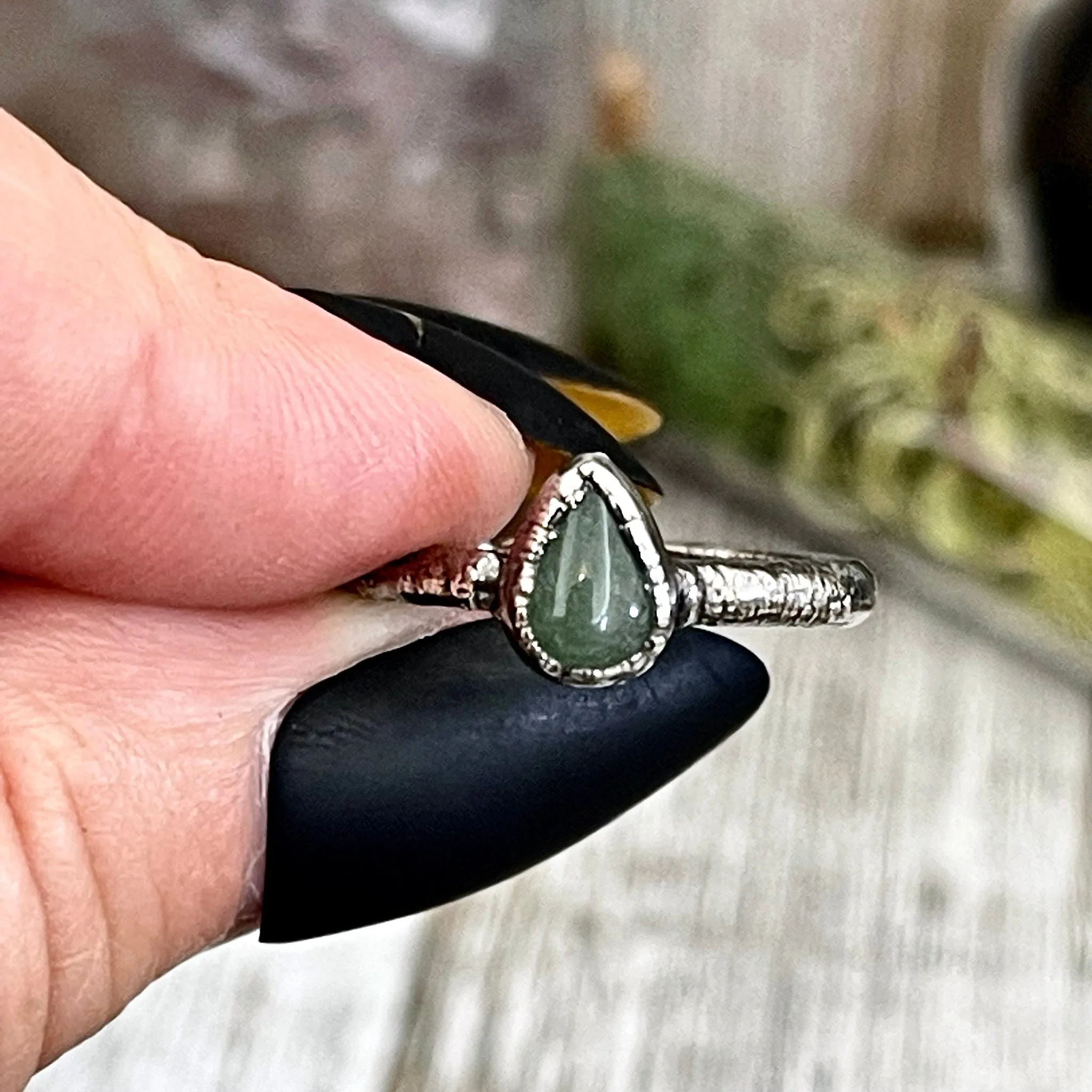 Dainty Teardrop Green Aventurine Ring Fine Silver Size 5 6 7 8 9 10 Foxlark Collection /