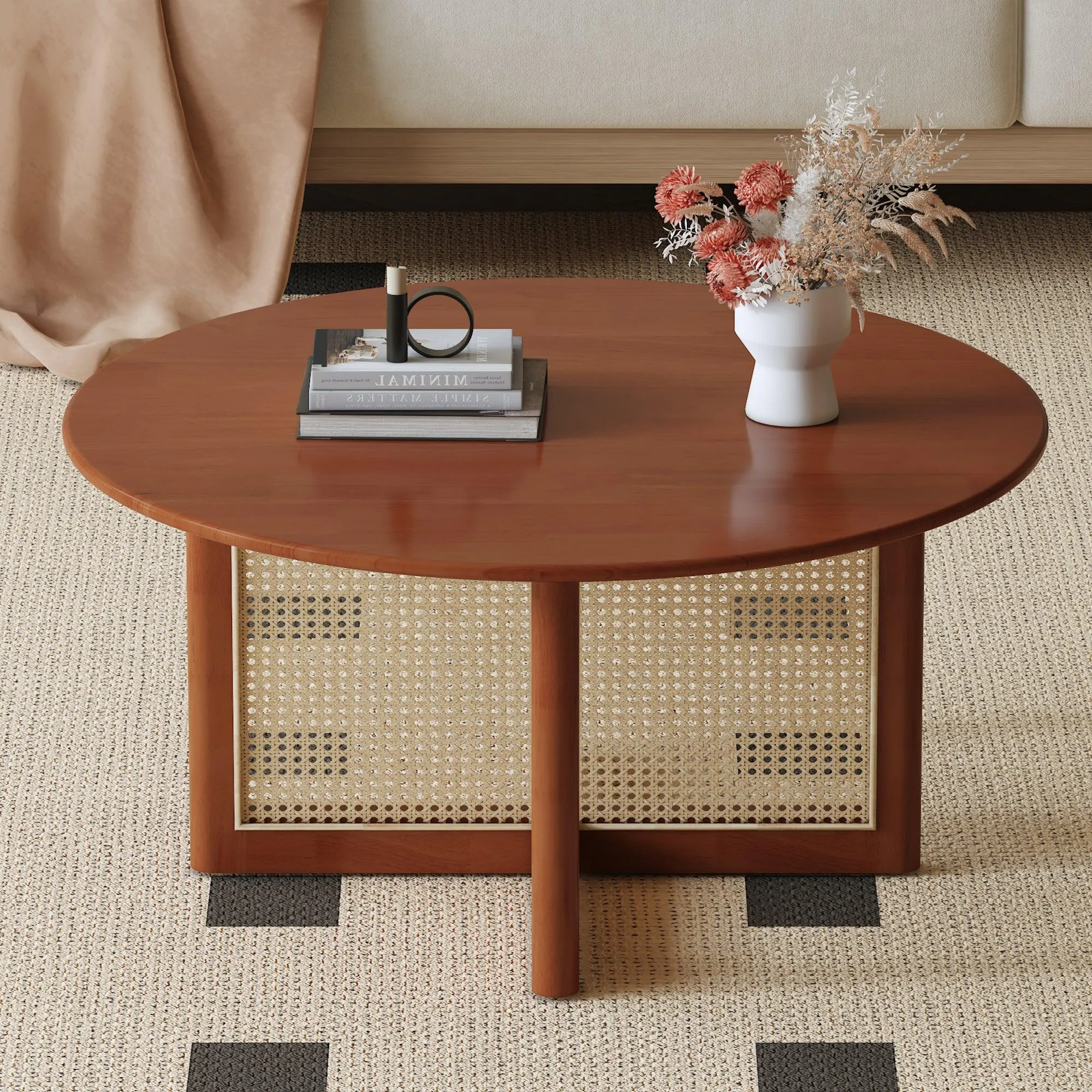 Deep Red Wooden Coffee Table with Rattan Accents, Elegant and Natural