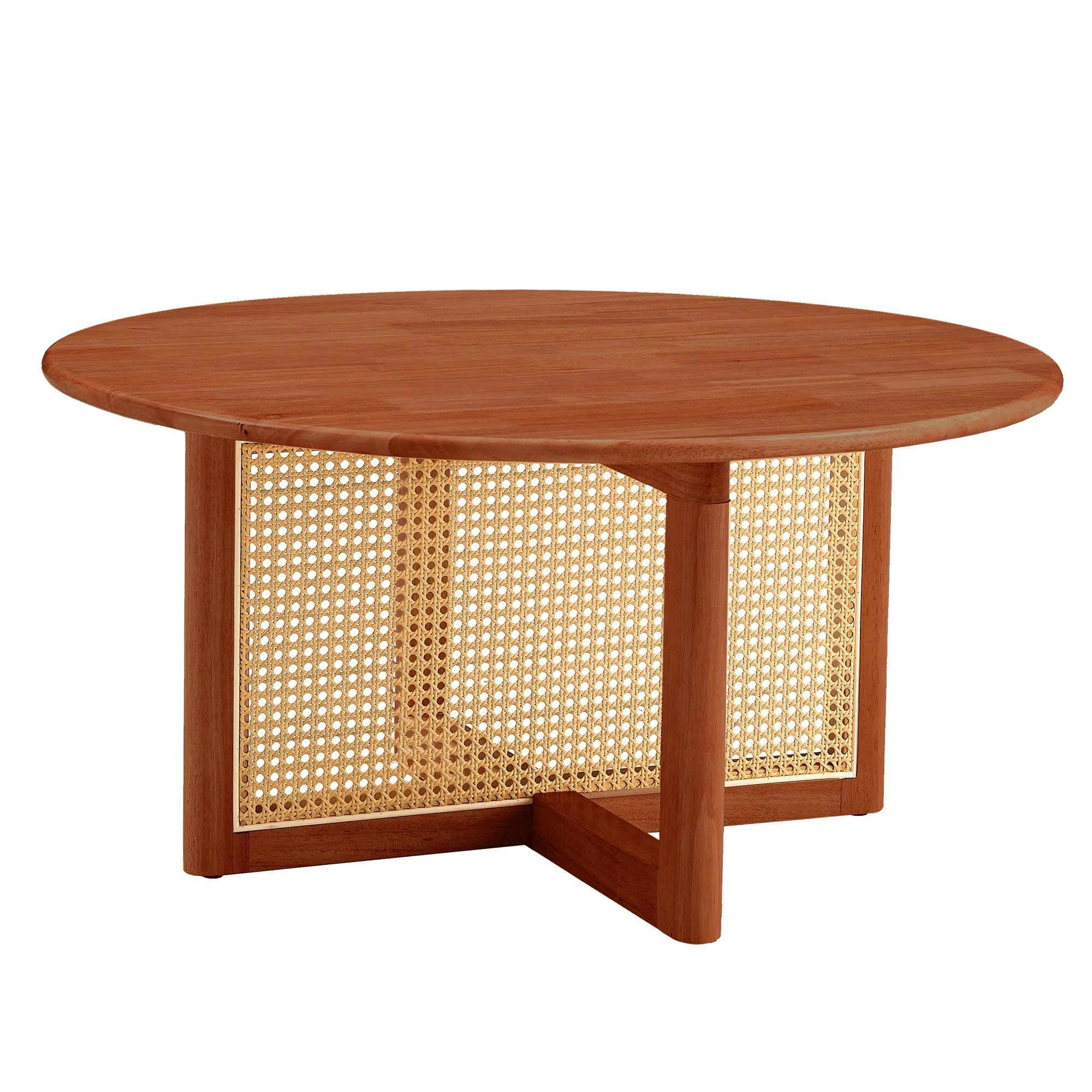 Deep Red Wooden Coffee Table with Rattan Accents, Elegant and Natural