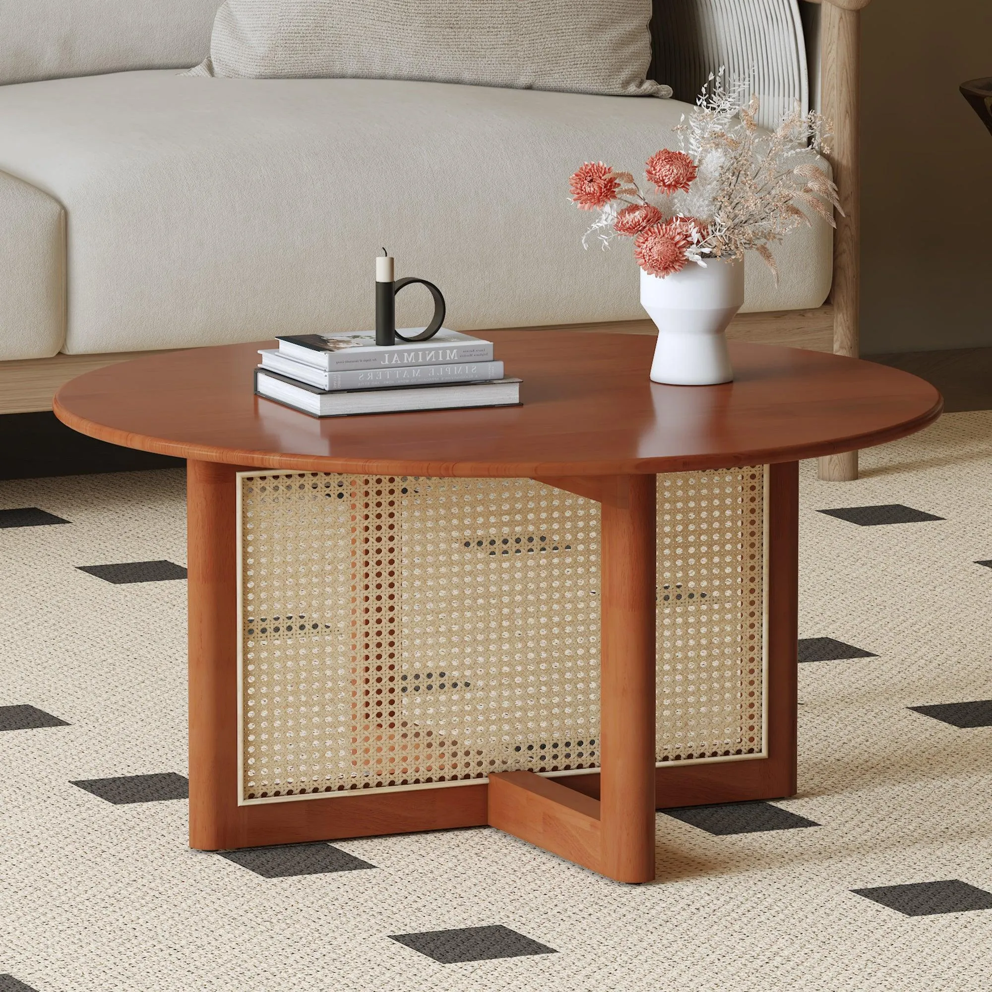 Deep Red Wooden Coffee Table with Rattan Accents, Elegant and Natural