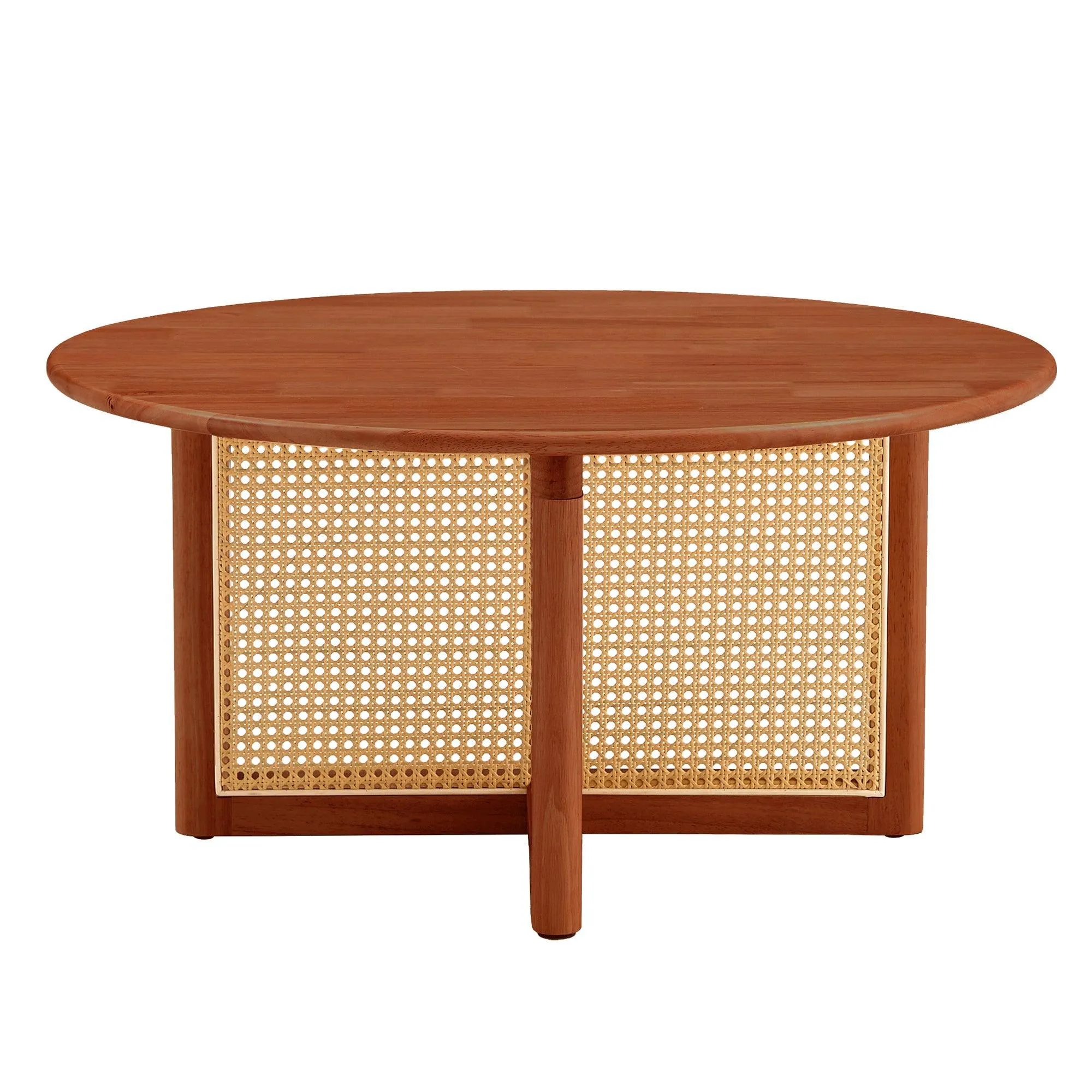 Deep Red Wooden Coffee Table with Rattan Accents, Elegant and Natural