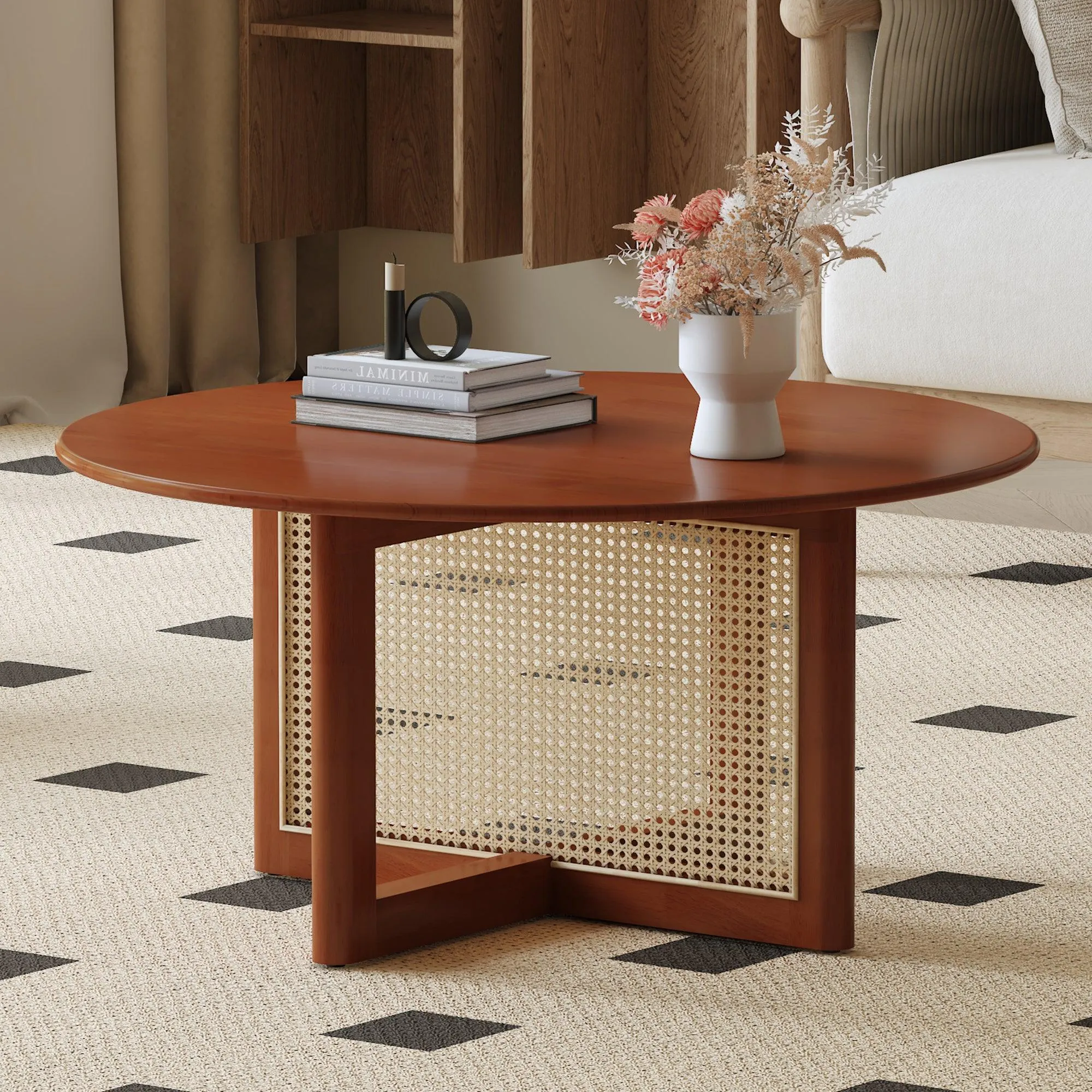 Deep Red Wooden Coffee Table with Rattan Accents, Elegant and Natural