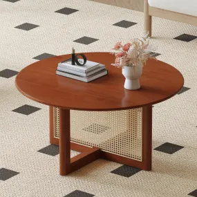 Deep Red Wooden Coffee Table with Rattan Accents, Elegant and Natural