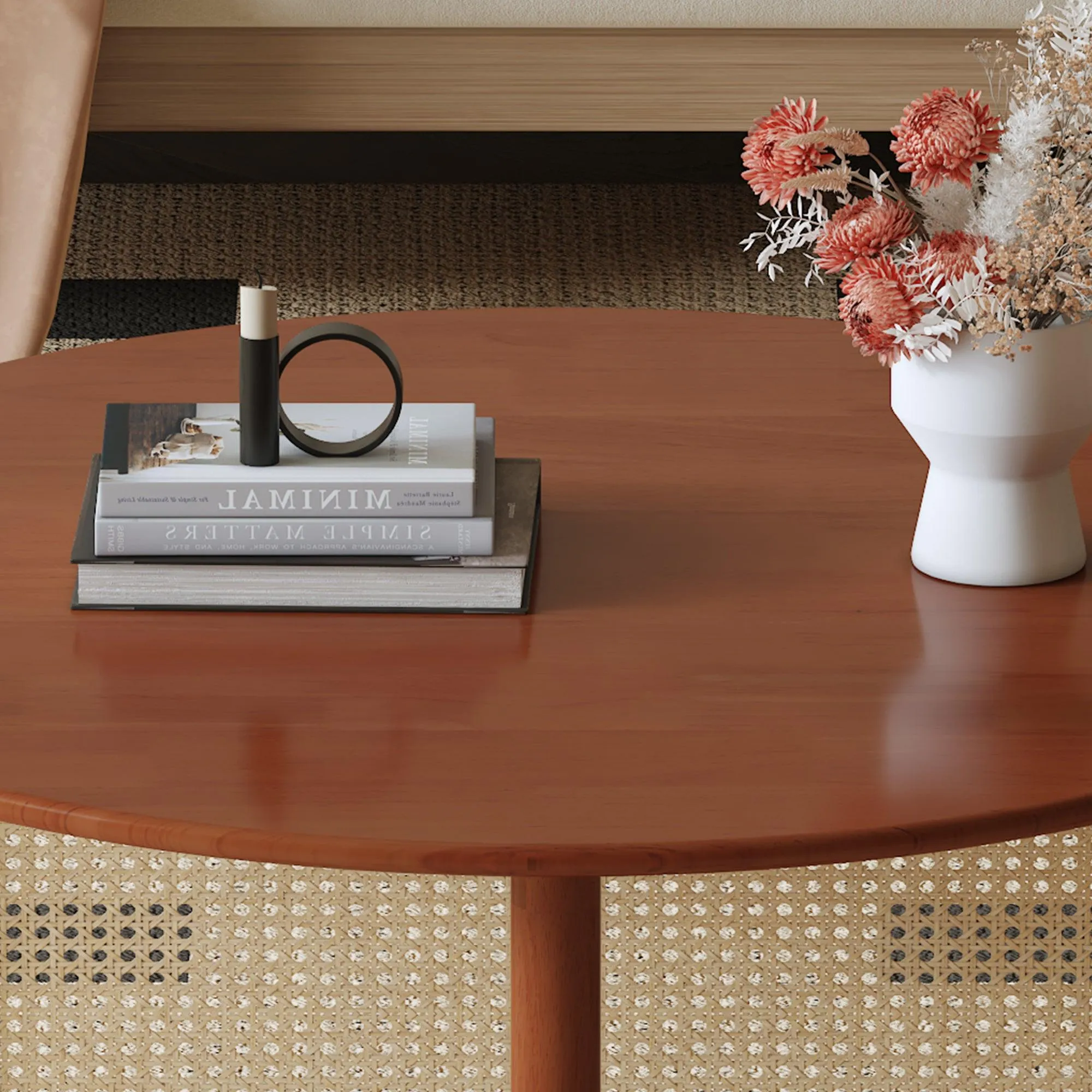 Deep Red Wooden Coffee Table with Rattan Accents, Elegant and Natural