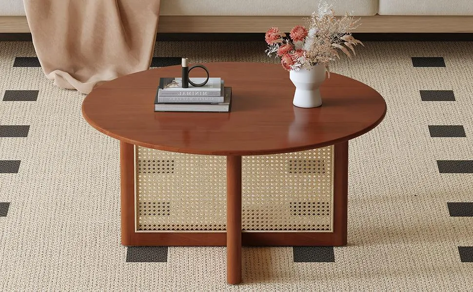 Deep Red Wooden Coffee Table with Rattan Accents, Elegant and Natural