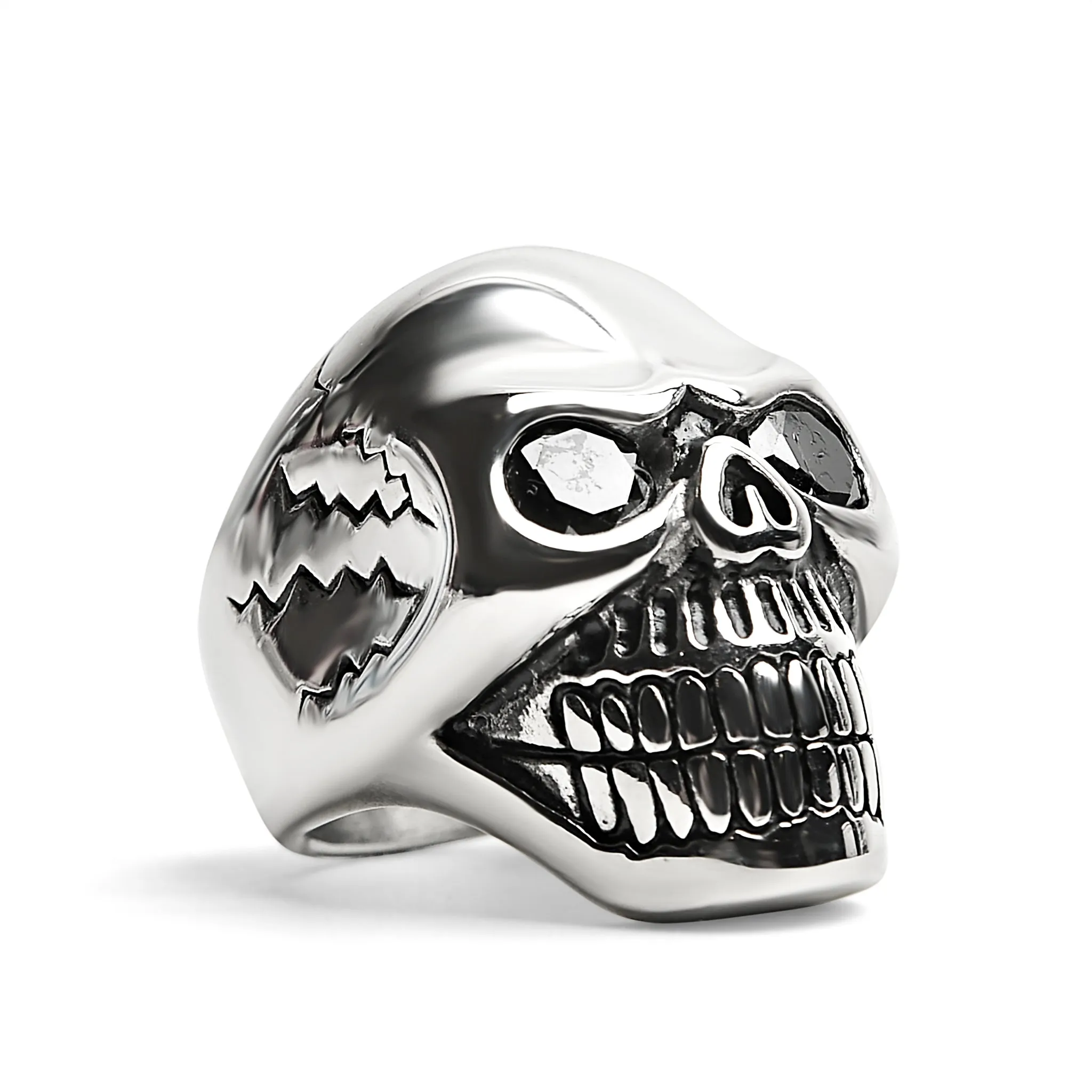 Detailed Cracked Skull with CZ Eyes Stainless Steel Ring / SCR4033