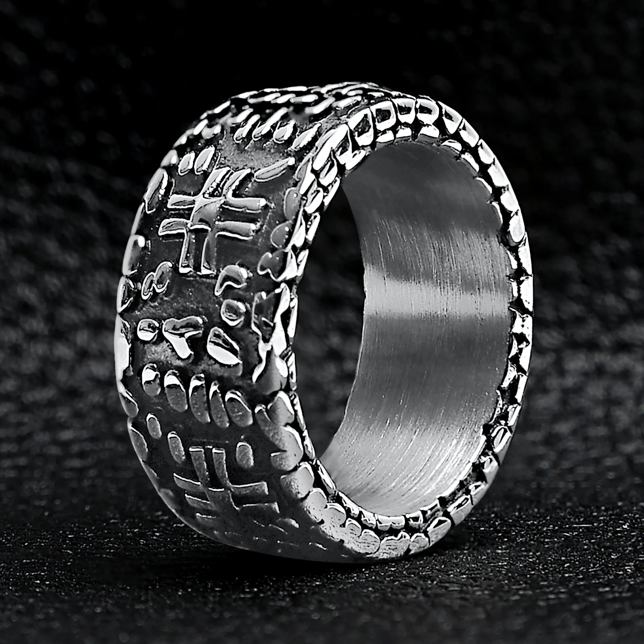 Detailed Cross In Stone Wall Stainless Steel Ring / SCR2219