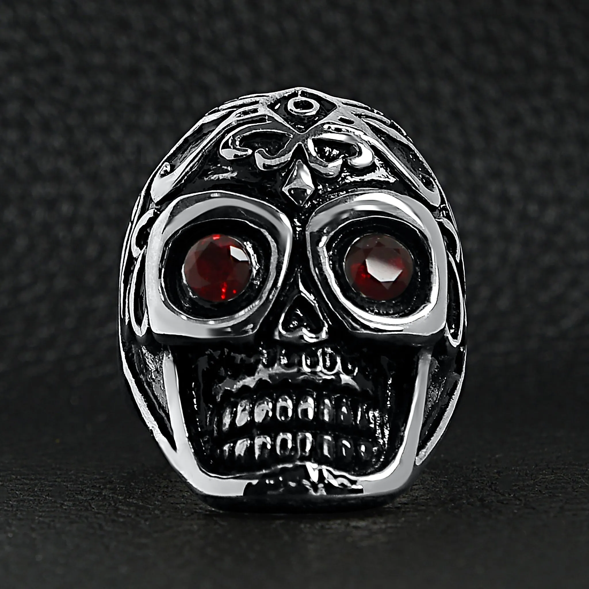 Detailed Skull With Red CZ Eyes Stainless Steel Polished Ring / SCR3039