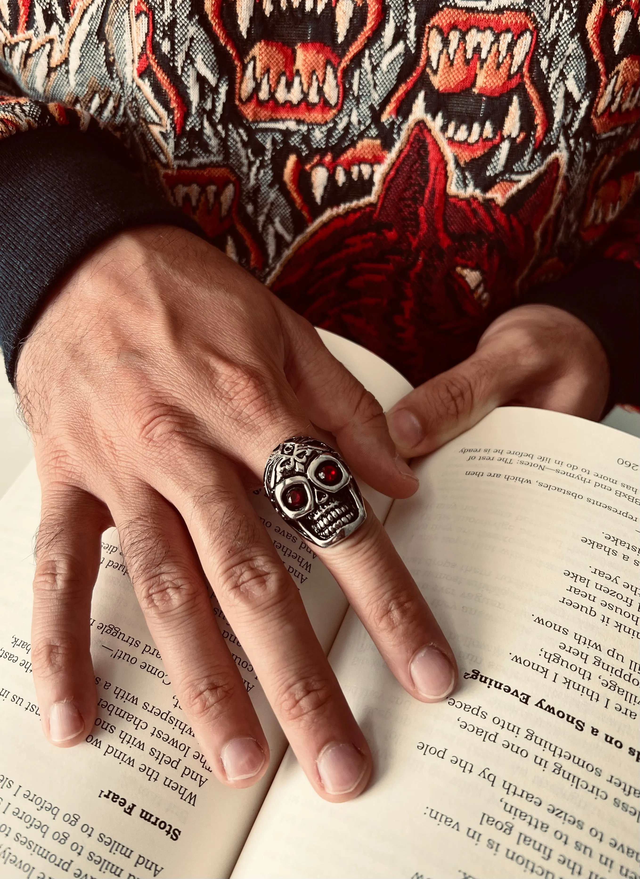 Detailed Skull With Red CZ Eyes Stainless Steel Polished Ring / SCR3039