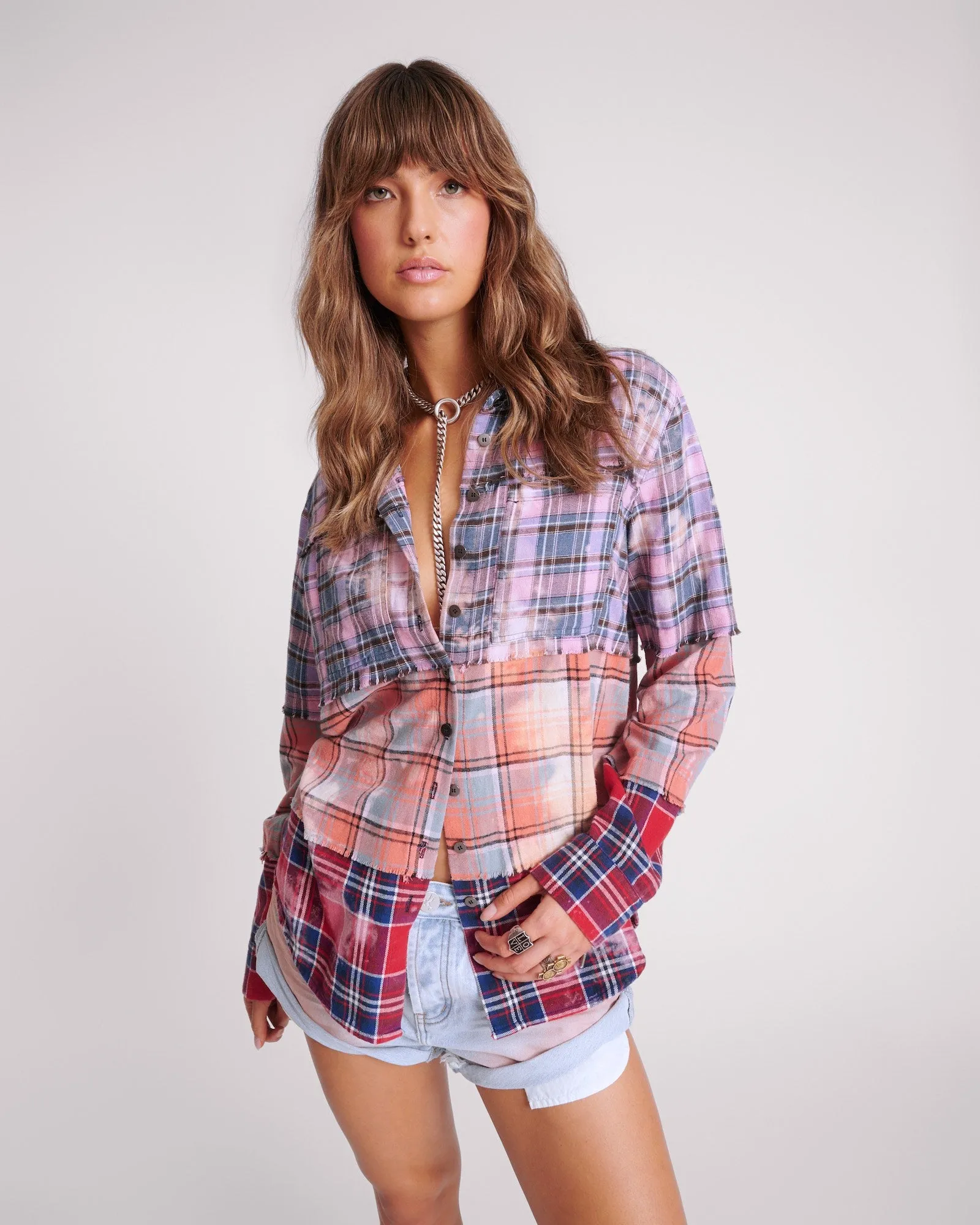 Distressed Mixed Flannel Shirt - Multi