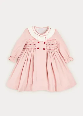 Double Breasted Handsmocked Collar Dress In Rose Pink (12mths-10yrs)