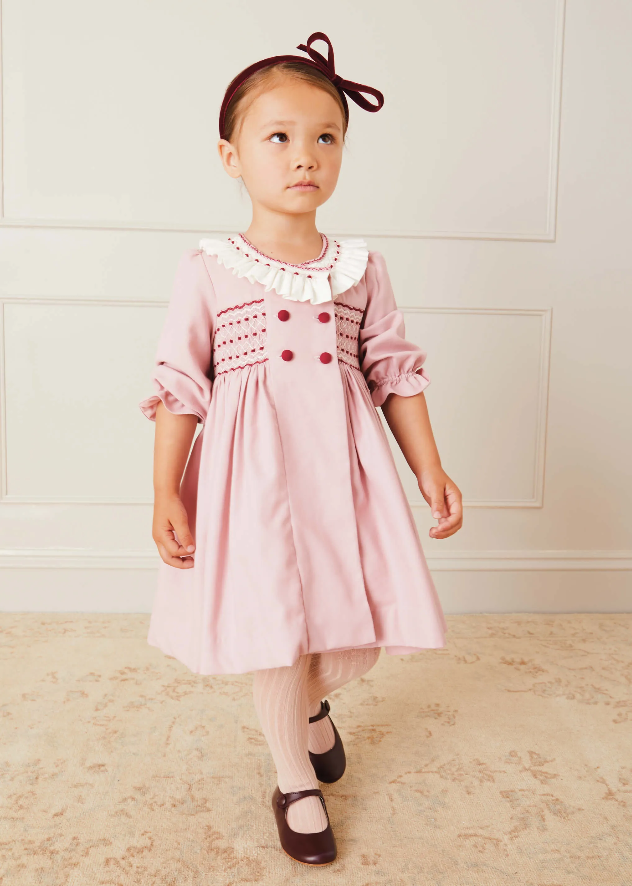 Double Breasted Handsmocked Collar Dress In Rose Pink (12mths-10yrs)