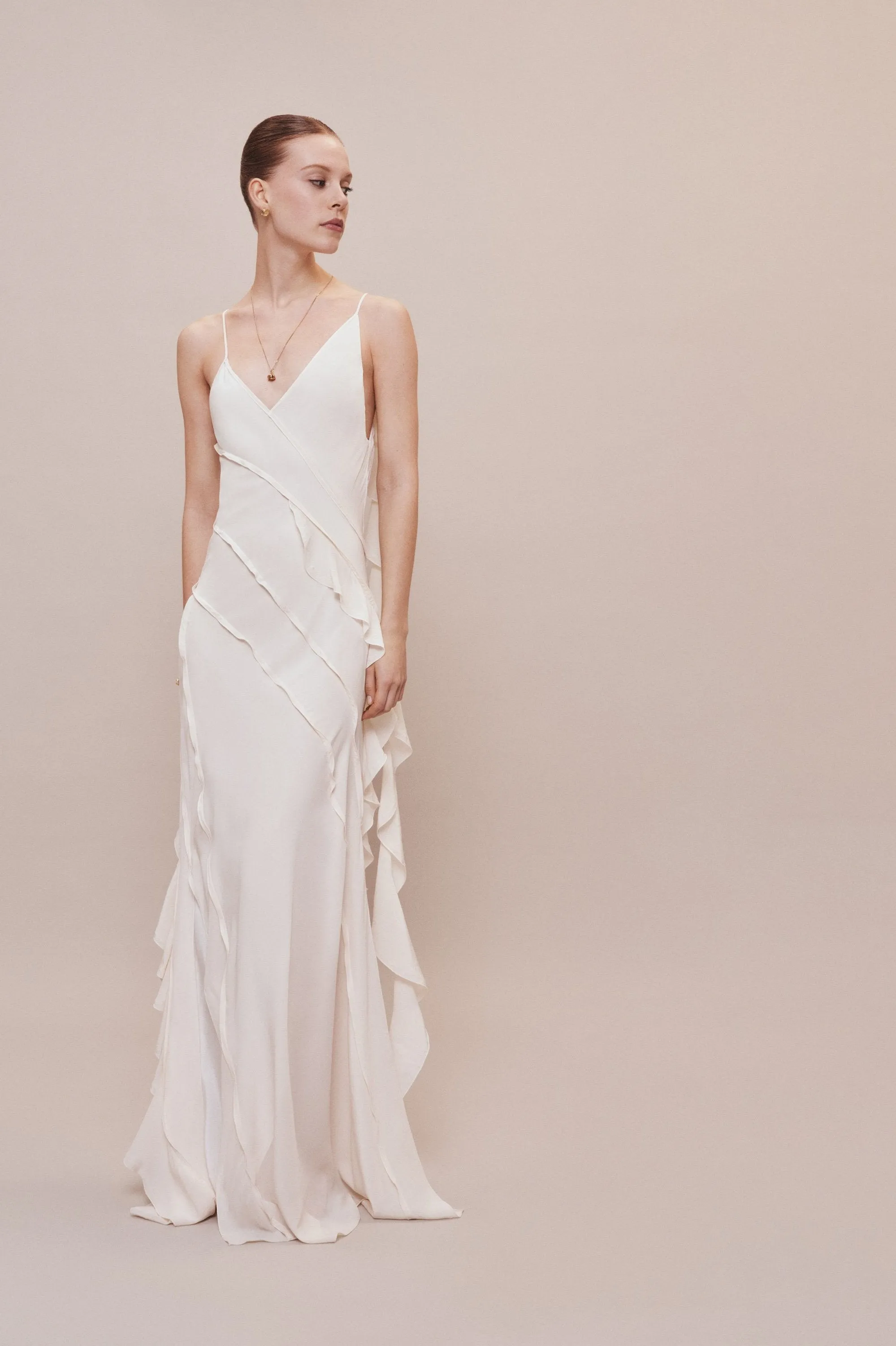 Exclusive Asymmetric Bias Frill Dress In Ivory