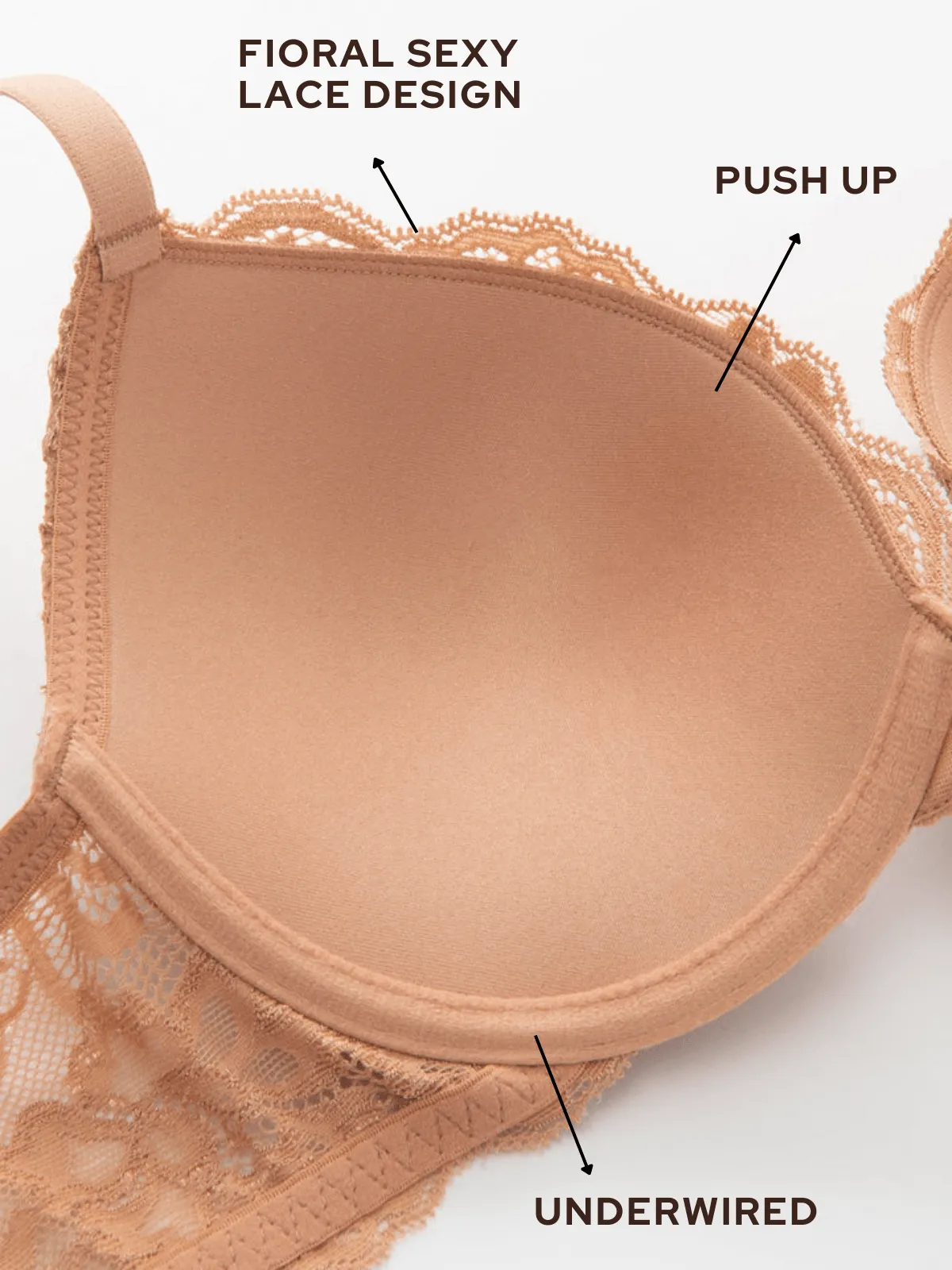 Floral Lace Push-Up Lightly Padded Demi Plunge Underwire Bra Coffee