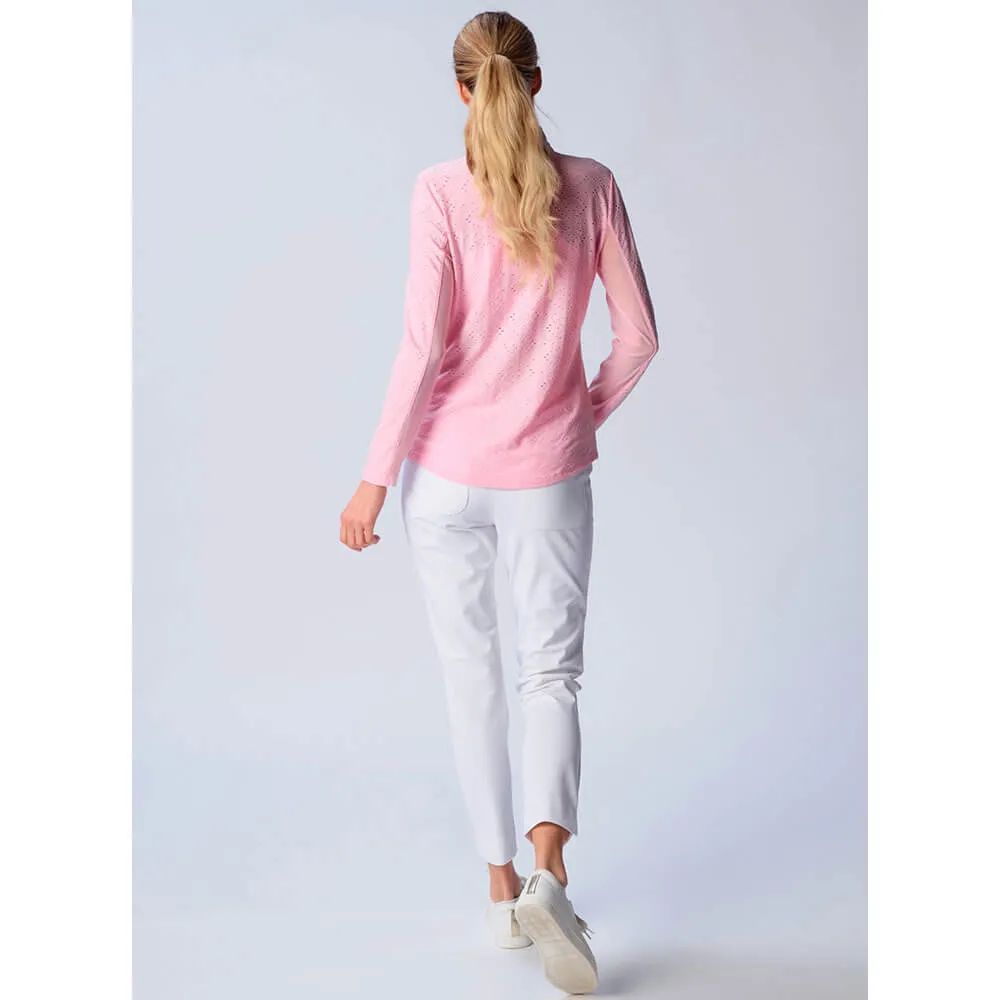 G Lifestyle Long Sleeve Print Zip Mock Neck Top - Pink Eyelet