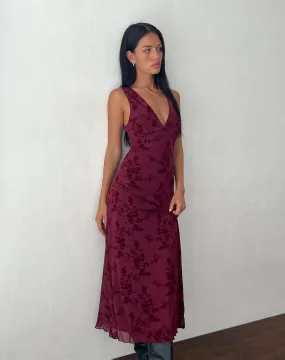 Gabriela Midi Dress in Botanical Flower Maroon