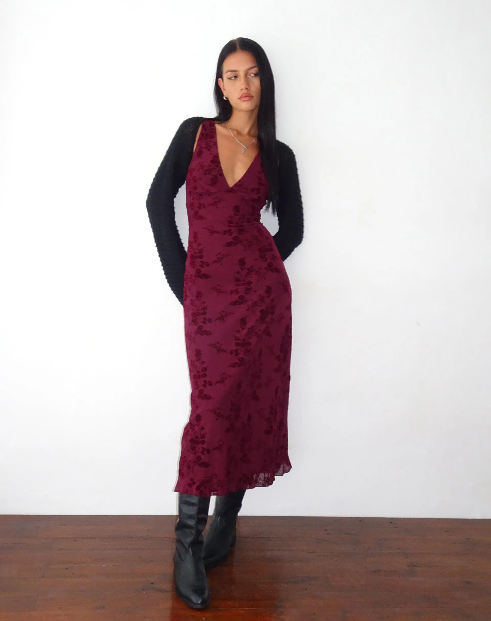 Gabriela Midi Dress in Botanical Flower Maroon