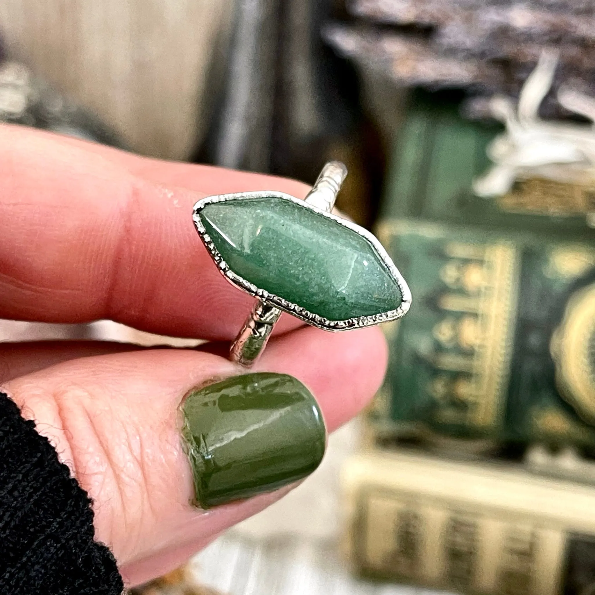 Green Aventurine Point Ring in Fine Silver Size 6 7 8 9 10 Foxlark Collection /