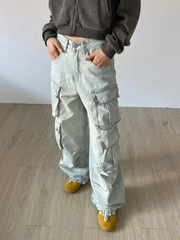 Japanese Y2K Grunge Blue Cargo Vintage 90s Multy Pockets Distressed Pant