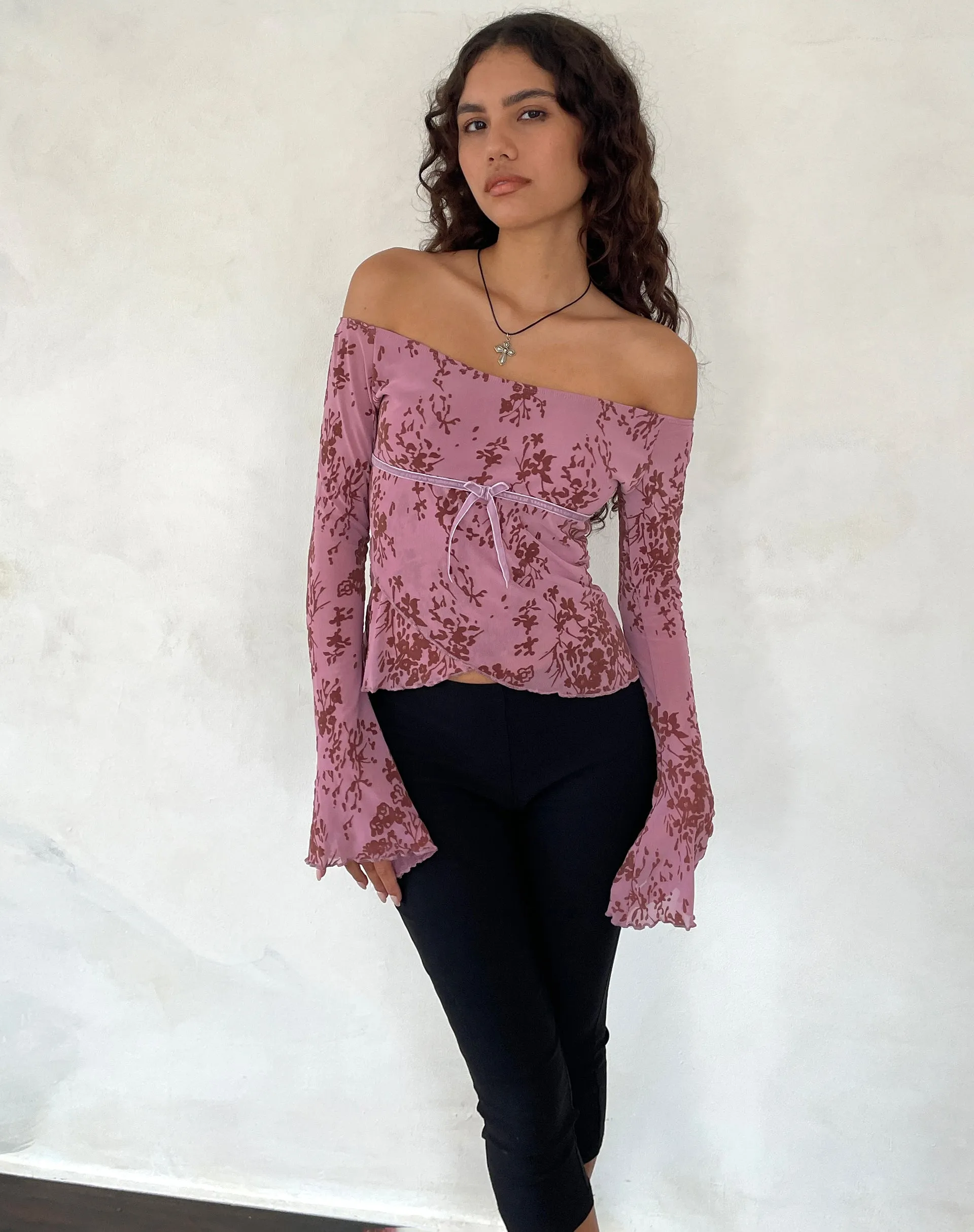 Kareena Long Sleeve Bardot Top in Abstract Botanic Mauve