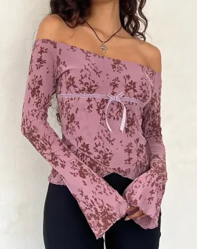 Kareena Long Sleeve Bardot Top in Abstract Botanic Mauve