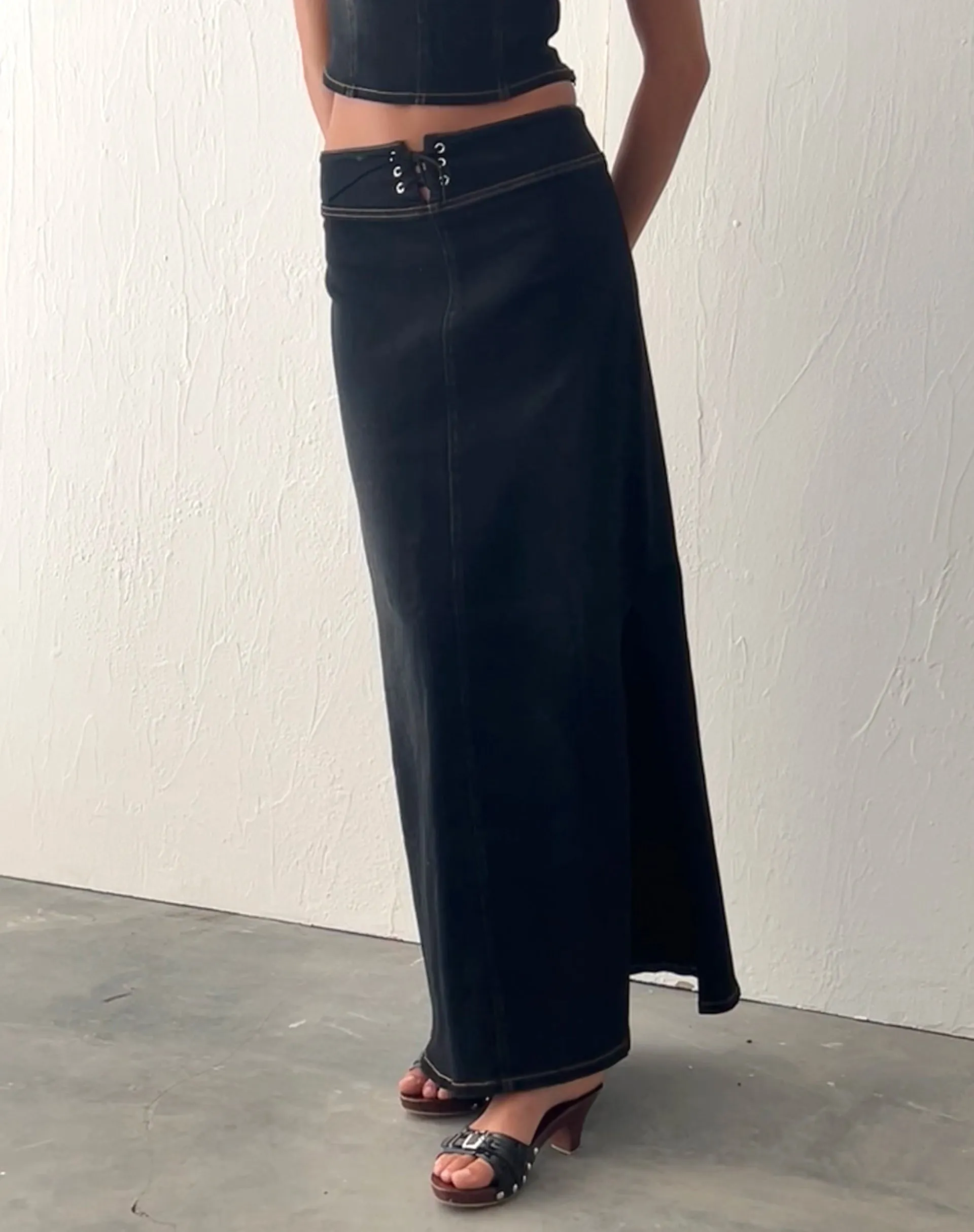 Lafille Denim Maxi Skirt in Black Wash