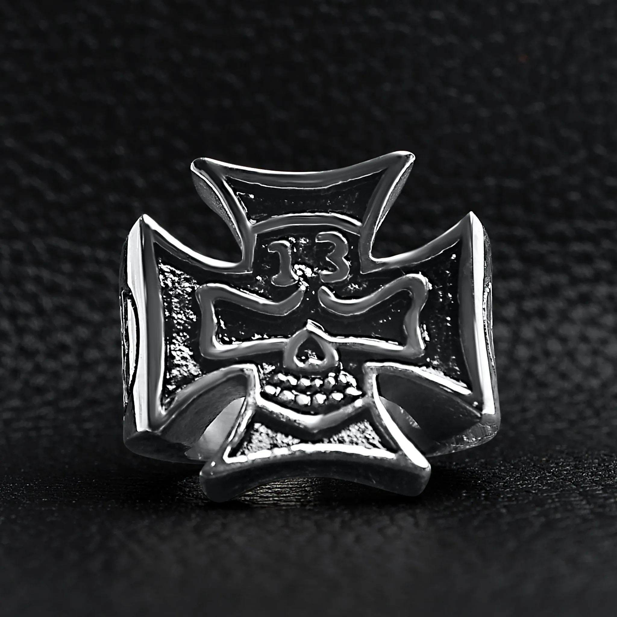 Large "13" Skull In Maltese Cross Stainless Steel Ring / SCR4009