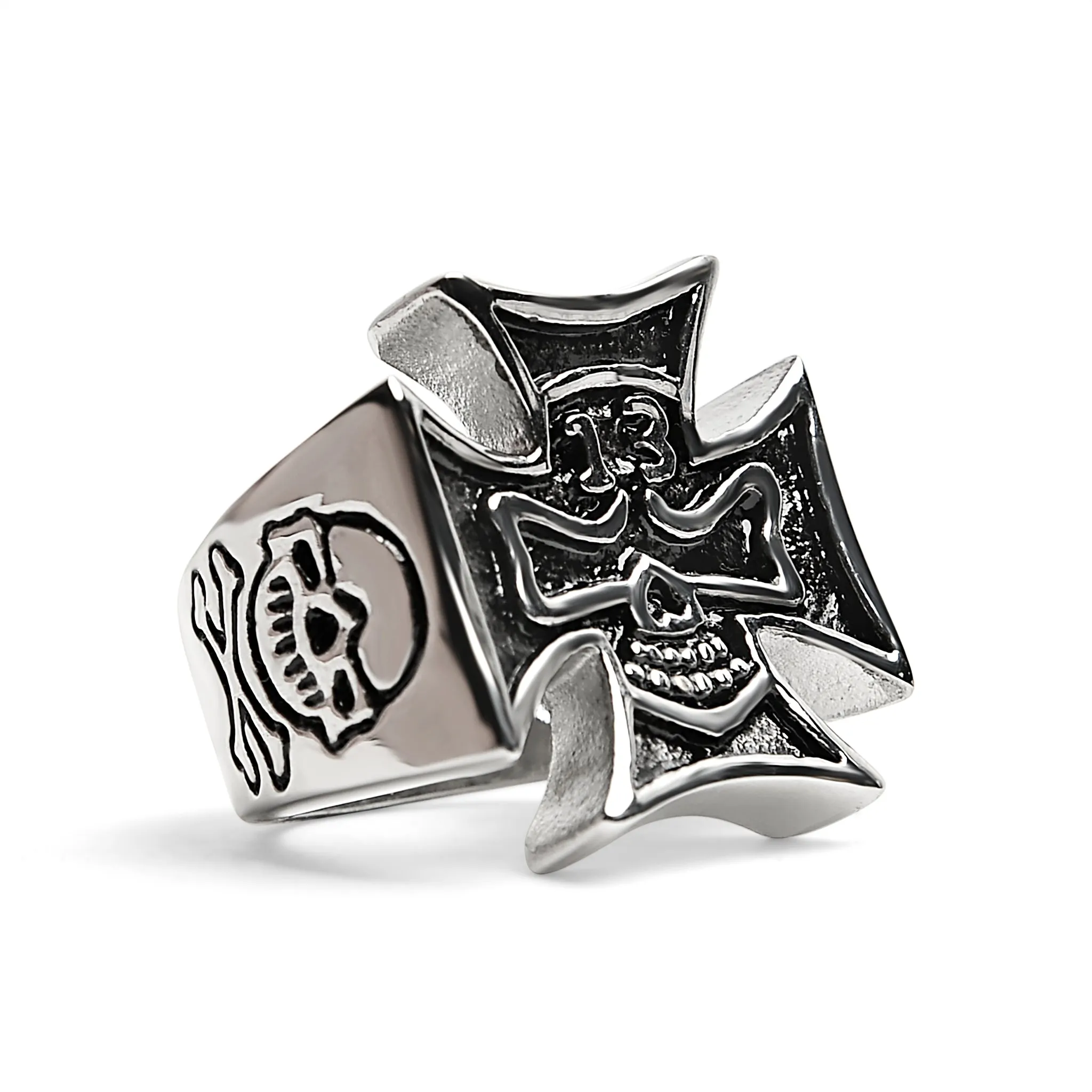 Large "13" Skull In Maltese Cross Stainless Steel Ring / SCR4009