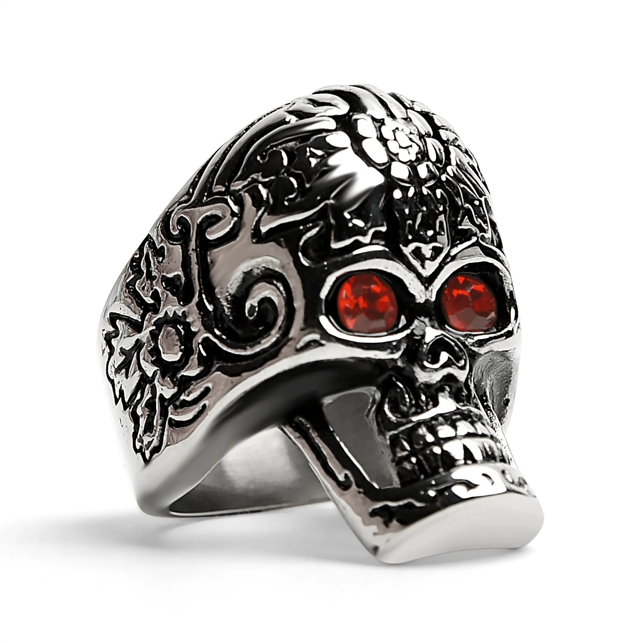 Large Red CZ Eyed Detailed Skull Stainless Steel Ring / SCR4005