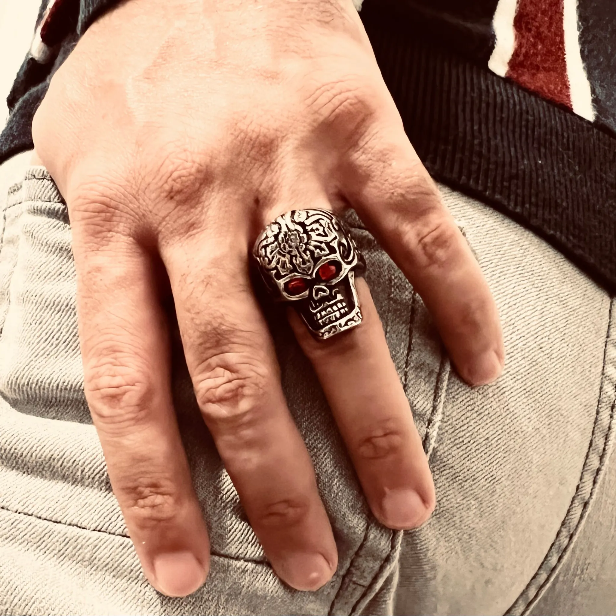 Large Red CZ Eyed Detailed Skull Stainless Steel Ring / SCR4005