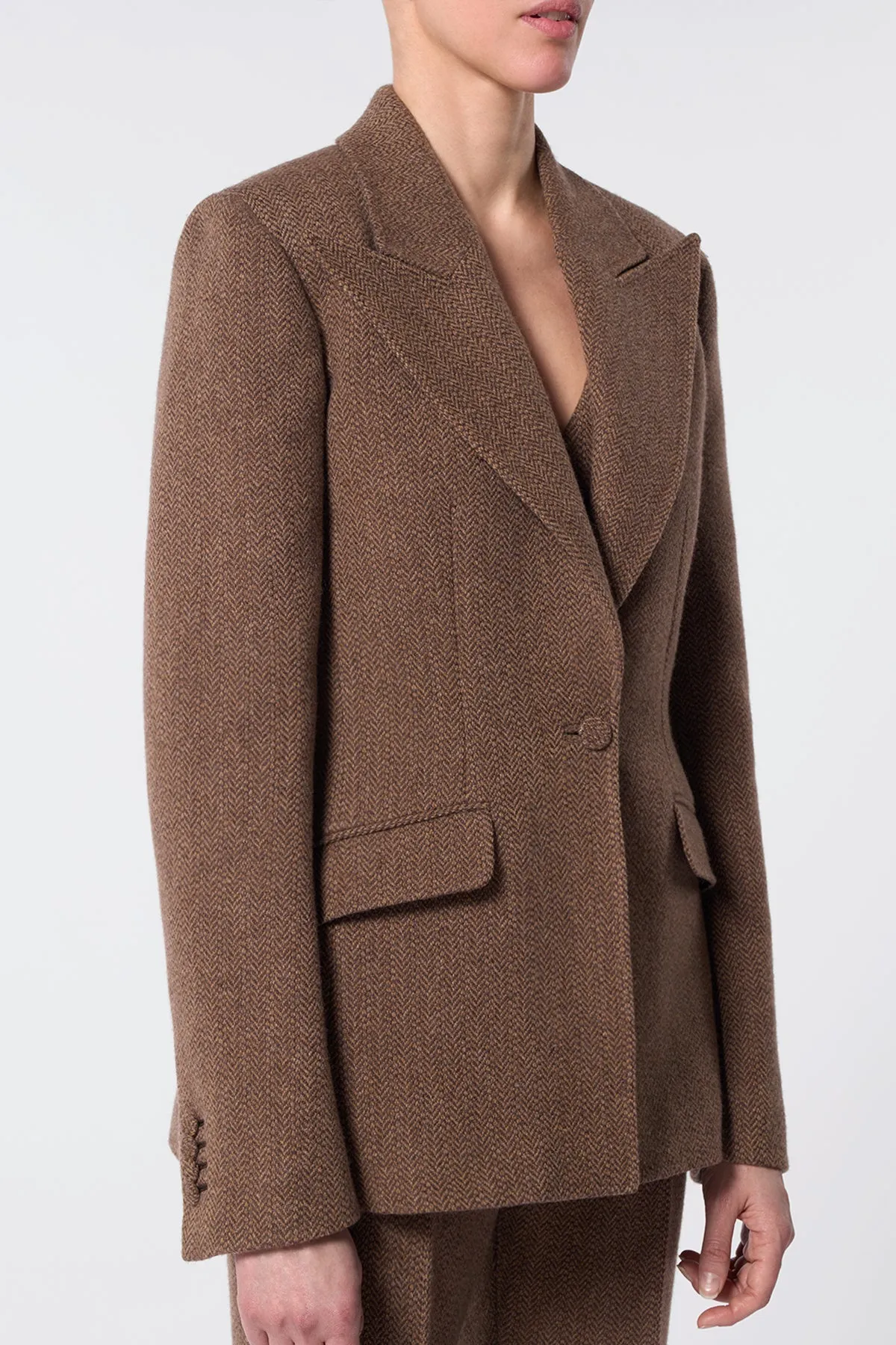 Leiva Blazer in Chocolate Multi Virgin Wool Cashmere Herringbone