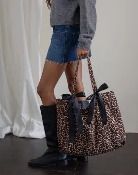 London Bag in Rar Leopard Sandstorm Print with Black Bows