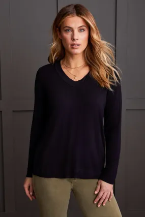 LONG-SLEEVE V-NECK TOP WITH SIDE SLITS-Black