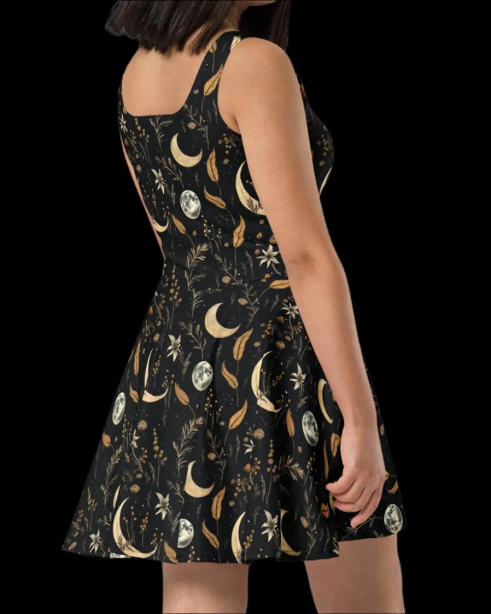 Moonlit Botanica Skater Dress - Dark Academia Cute Black Vegan Dress, Witchy Pagan Occult Fashion, Christmas Goth Gifts