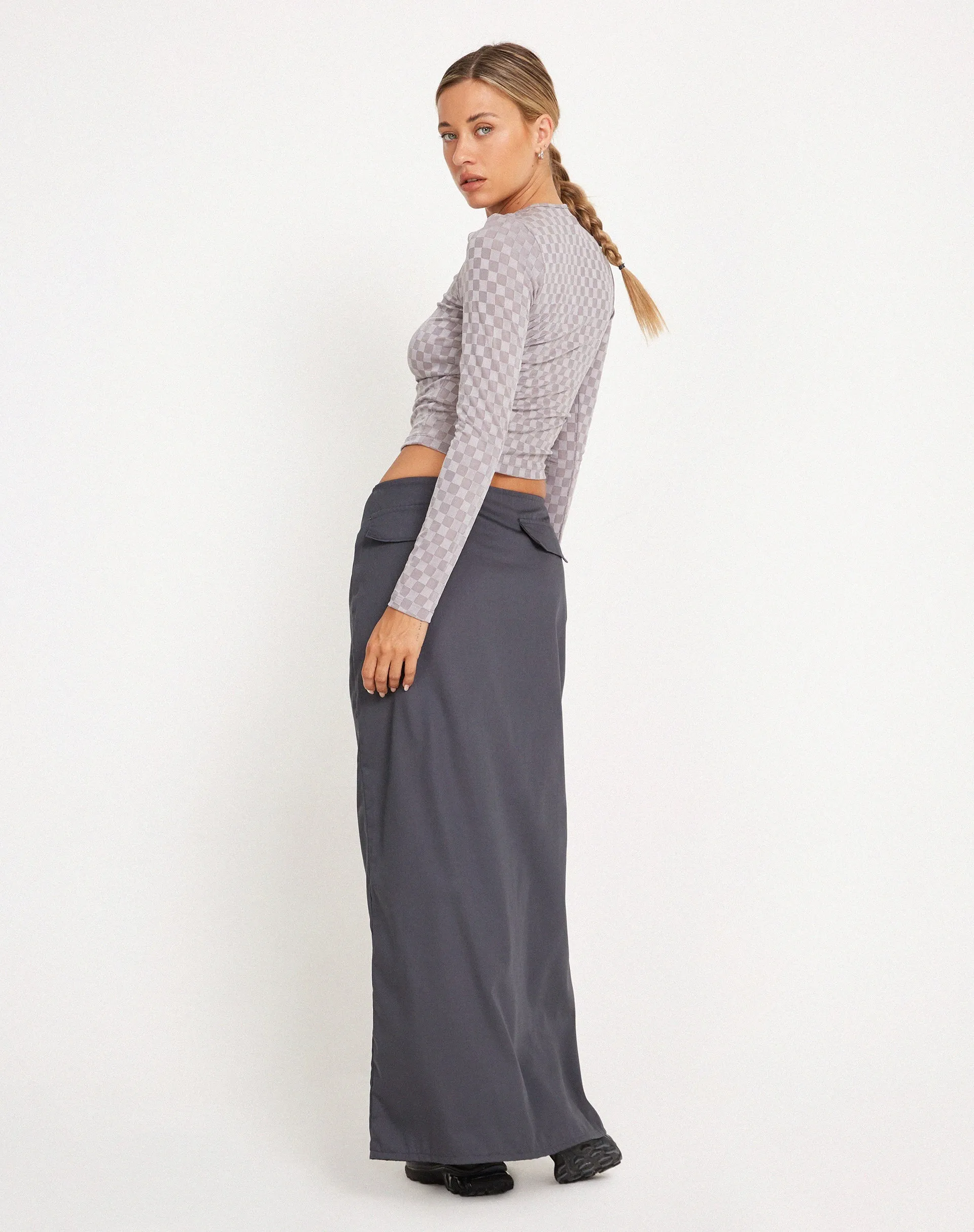 Natari Long Sleeve Crop Top in Check Grey