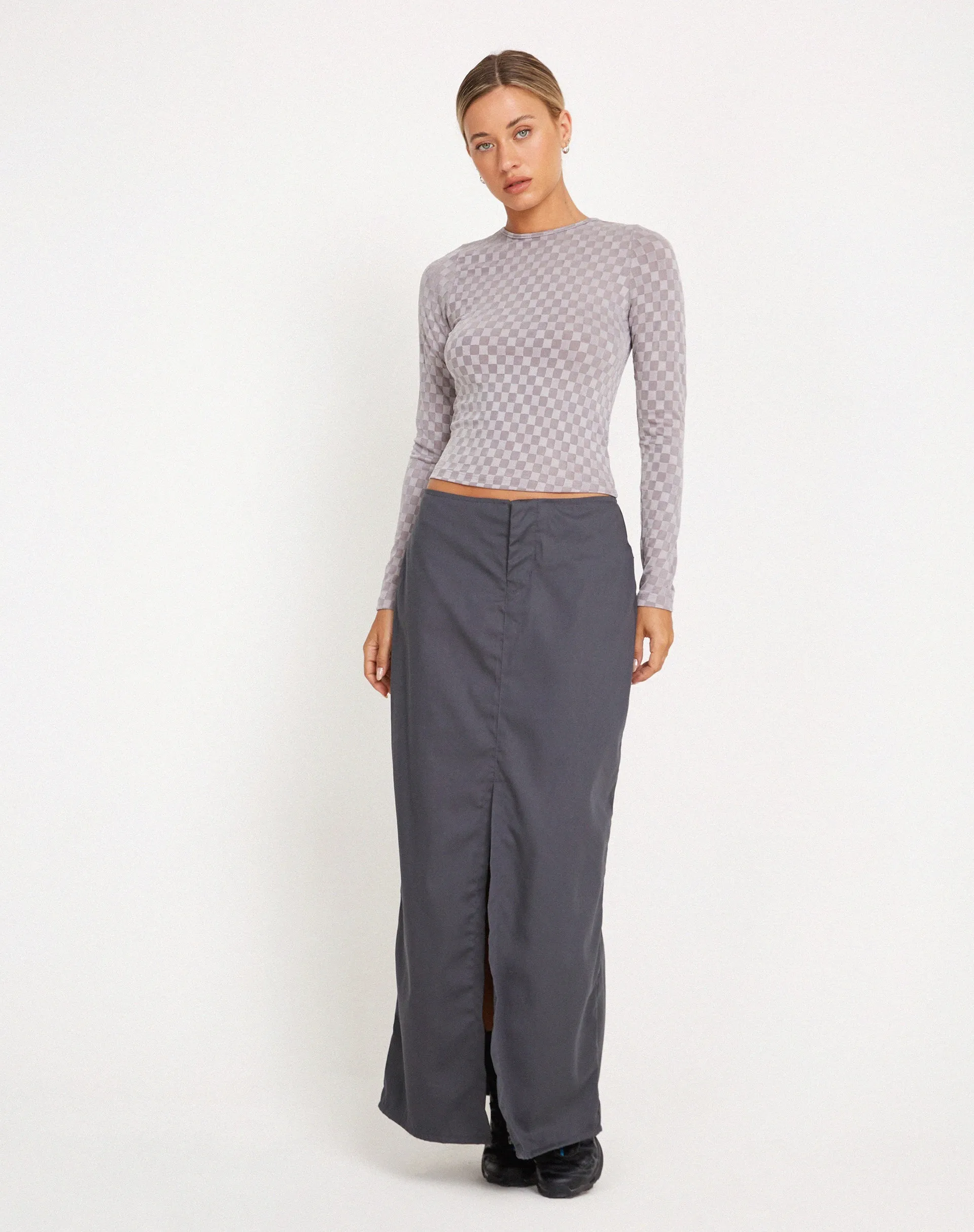 Natari Long Sleeve Crop Top in Check Grey