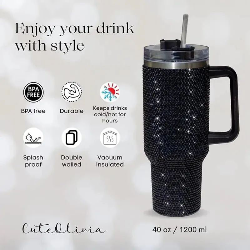 Rhinestone Embellished Travel Mug - 40oz Stainless Steel Vacuum Flask