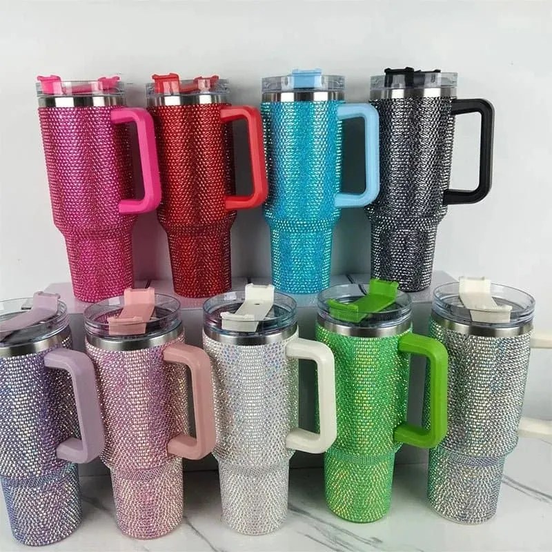 Rhinestone Embellished Travel Mug - 40oz Stainless Steel Vacuum Flask