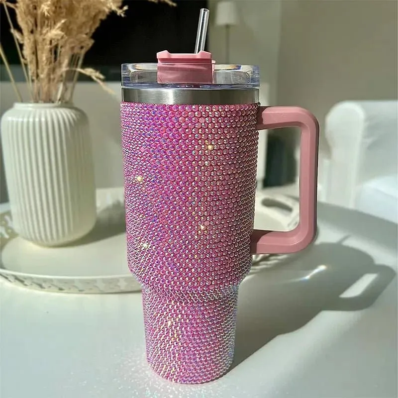 Rhinestone Embellished Travel Mug - 40oz Stainless Steel Vacuum Flask