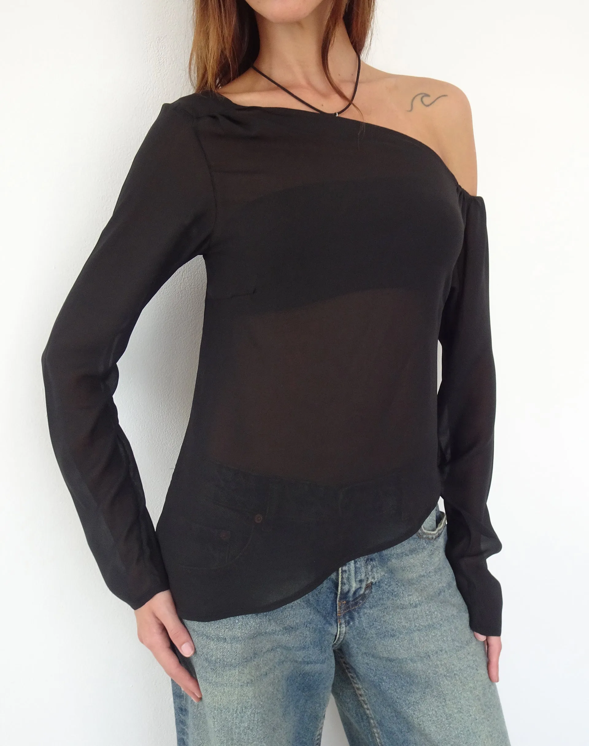 Riot Asymmetric Longline Top in Black Chiffon