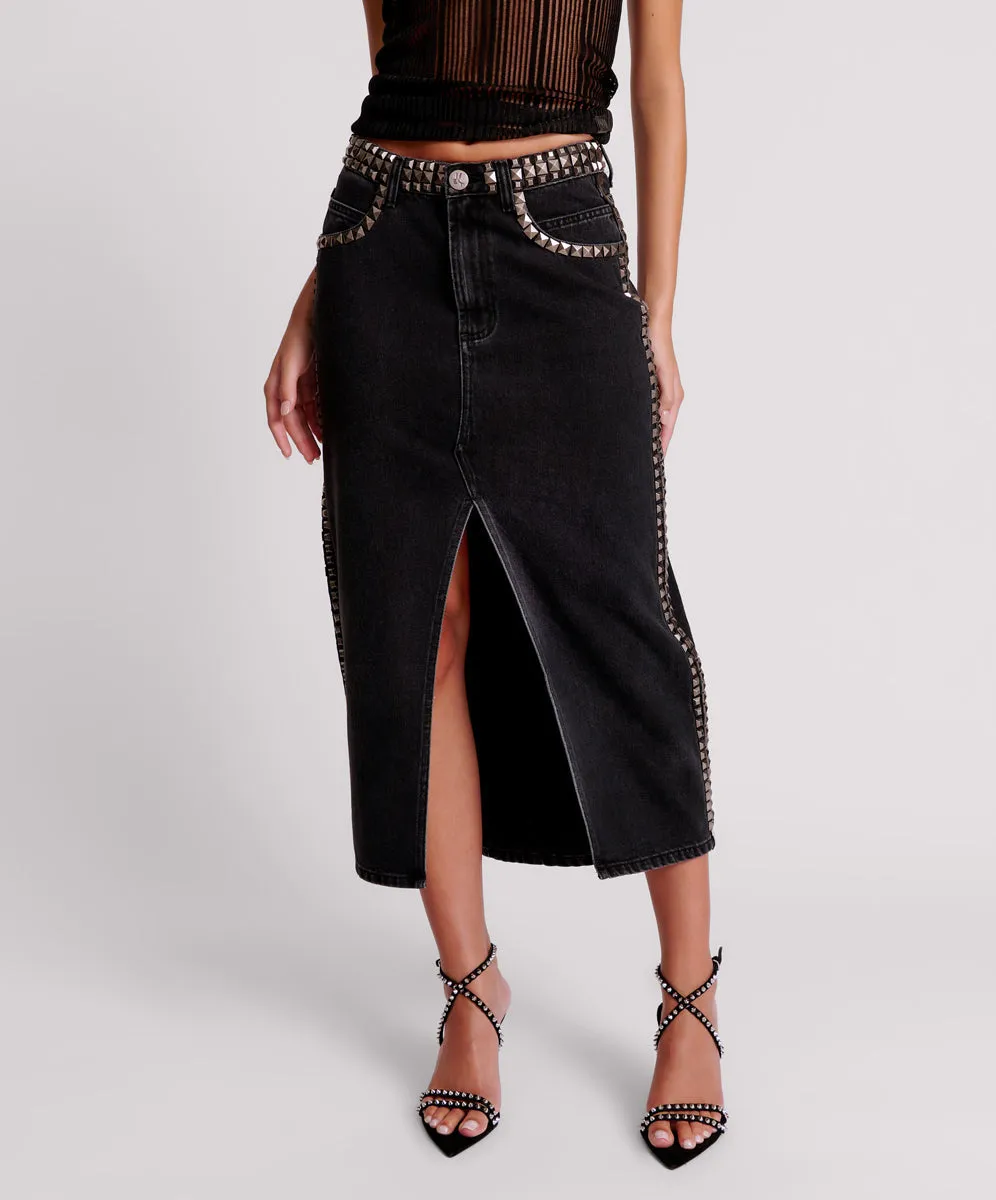 Rocko Mid Waist Long Length Denim Skirt - Black Oak