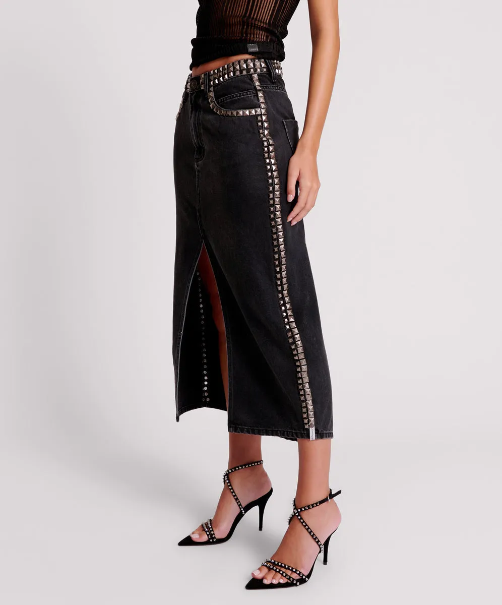 Rocko Mid Waist Long Length Denim Skirt - Black Oak