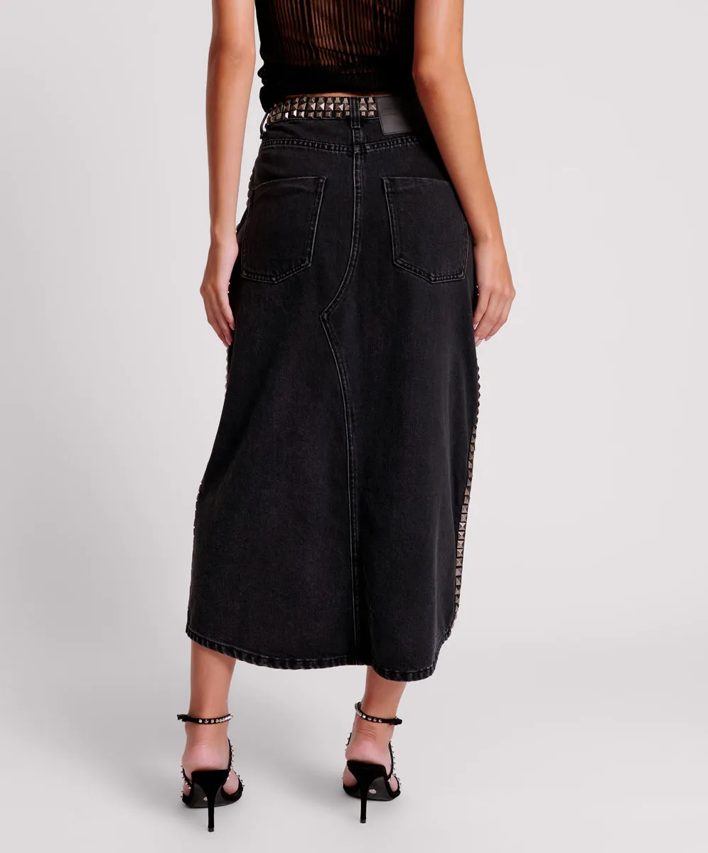 Rocko Mid Waist Long Length Denim Skirt - Black Oak