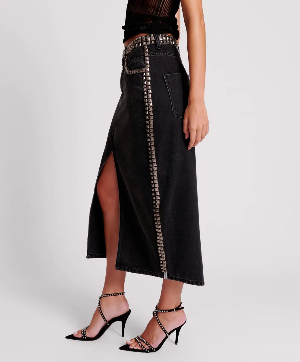 Rocko Mid Waist Long Length Denim Skirt - Black Oak