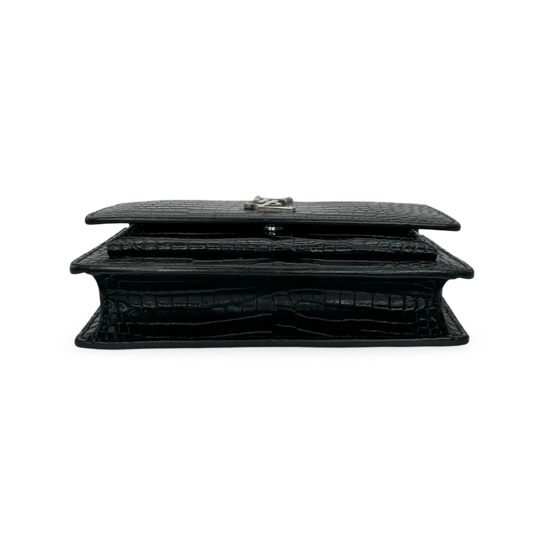 SAINT LAURENT: Croc Embossed Sunset Top Handle Chain Wallet